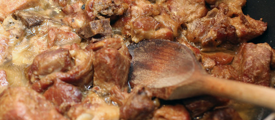 Obraz na płótnie Canvas meat stew cooked with spoon
