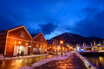 Obraz premium Kanemori Red Brick Warehouse in the twilight in Hakodate, Hokkai