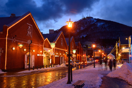 Fototapeta Kanemori Red Brick Warehouse in the twilight in Hakodate, Hokkai
