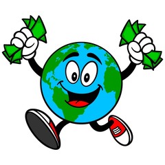 Earth Mascot Running with Cash