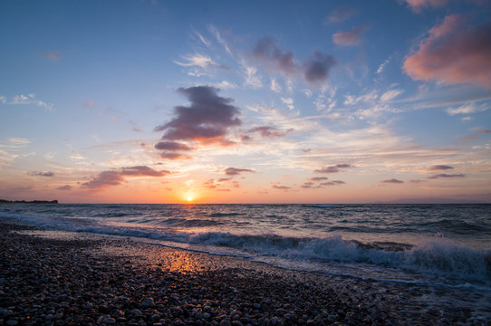 Beauty Sunset With Waves On Mediterranean Sea