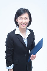 물건 들고 제스처를 취하는 아시안 비즈니스 여성