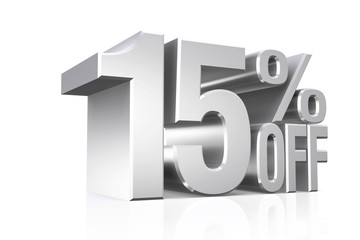 3D render silver text 15 percent off.