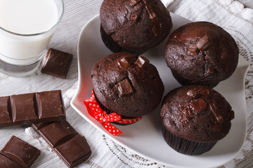 Chocolate muffins with milk horizontal top view