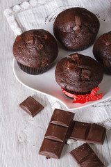 Chocolate muffins on a white plate on vertical top view