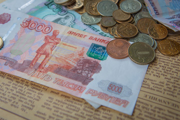 russian roubles banknotes and euro and dollars coins