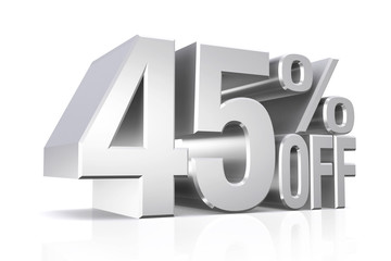 3D render silver text 45 percent off.