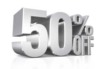 3D render silver text 50 percent off.