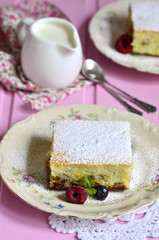 Cottage cheese casserole with dried fruits.