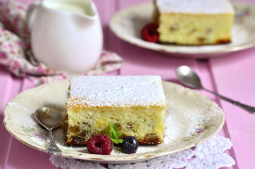 Cottage cheese casserole with dried fruits.