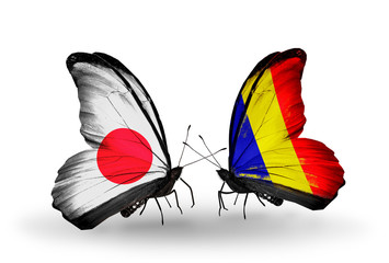 Two butterflies with flags Japan and Chad, Romania
