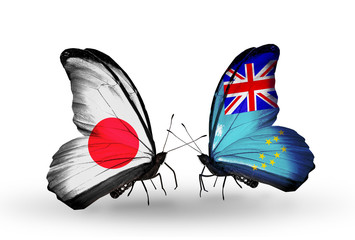 Two butterflies with flags Japan and Tuvalu