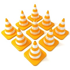 Traffic cones 3D, arranged in square form, side view