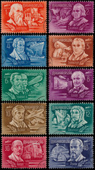 Stamps printed by Hungary shows Inventors and Explorers