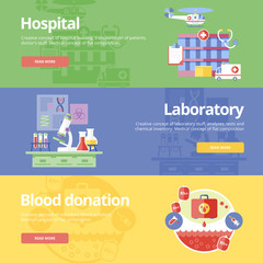 Flat design concepts hospital, laboratory and blood donation.