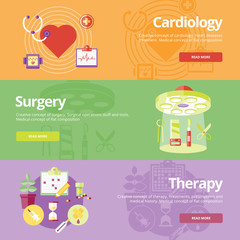 Set of flat design concepts for cardiology, surgery, therapy.