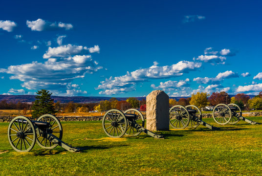 Cannons And A Monument At Gettysburg, Pennsylvania.