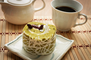 Japanese Matcha Green tea cake, coffee and cake