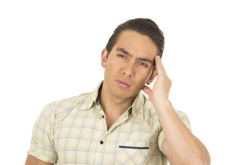 young handsome hispanic man posing with headache