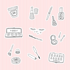 Set a stickers of beauty and cosmetics icons doodles