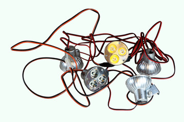 Led lamps connected by a wire isolated on white background
