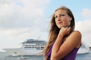 beautiful  girl and a cruise ship - 74882711