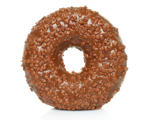 Chocolate donut with sprinkles isolated on white background .