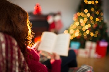 Rear view of redhead reading at christmas