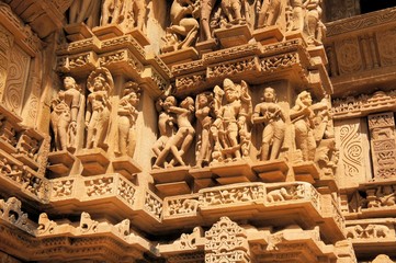 Erotic Kamasutra carvings of Hindu temple in India