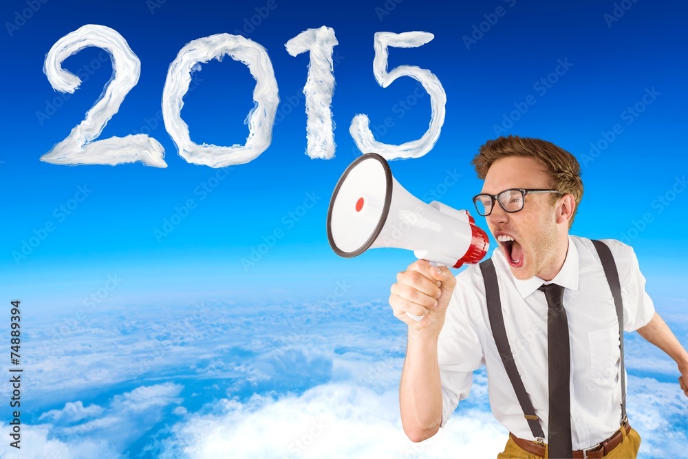 Poster Composite image of geeky businessman shouting through megaphone