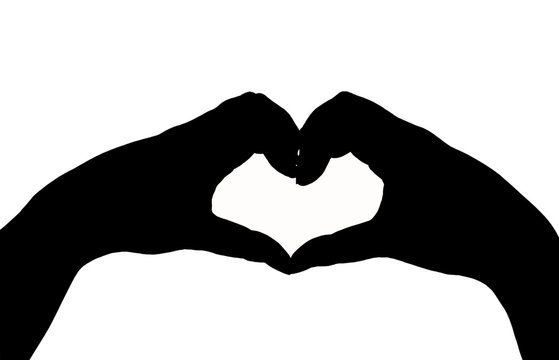 silhouette hand in heart shape on white background