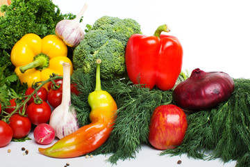 decorative pattern of fresh vegetables on white background