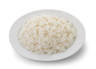Cooked rice in a white plate on white background