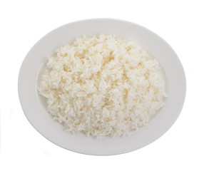 Cooked rice in a white plate on white background
