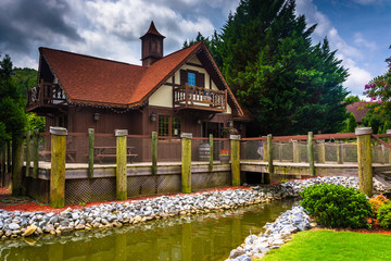 Small stream and red-roofed building in Helen, Georgia.