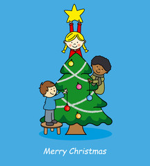Christmas card. Children decorating christmas tree