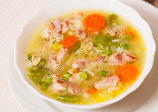 soup with meat, vegetables and rice