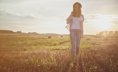 young alonel free sad woman hipster in fall field