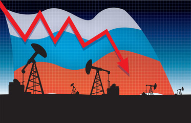 oil price fall on oil pump field and Russian flag background