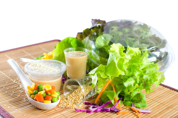 salad and salad cream on white background