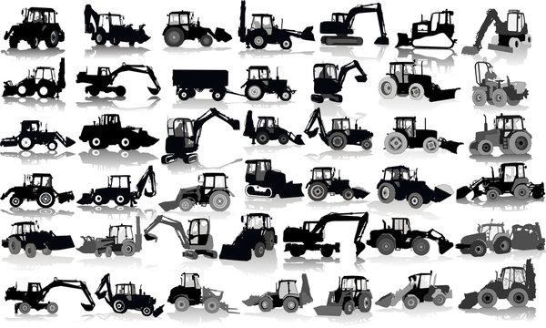 Set of 41 silhouettes of a tractors of road service