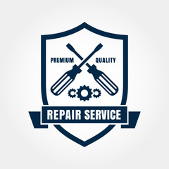Fototapeta premium Vintage style car repair service shield label. Vector logo desig