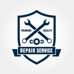Vintage style car repair service shield label. Vector logo desig