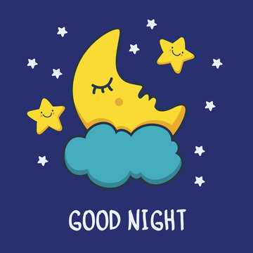 Funny sketching sleeping moon and smiling stars. Vector cartoon