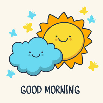 Funny sketching smiling sun and cloud. Vector cartoon illustrati