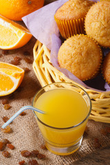 Freshly baked muffins with orange juice vertical top view