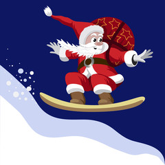 Santa Claus carrying a bag of gifts on a snowboard