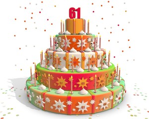 Feestelijke gekleurde taart met cijfer 61