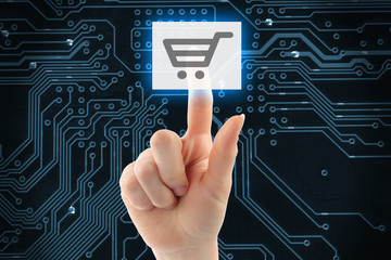 Hand pushing virtual shopping button on digital background .