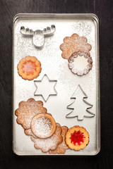 Christmas cookies and cookies cutters. Christmas baking concept.